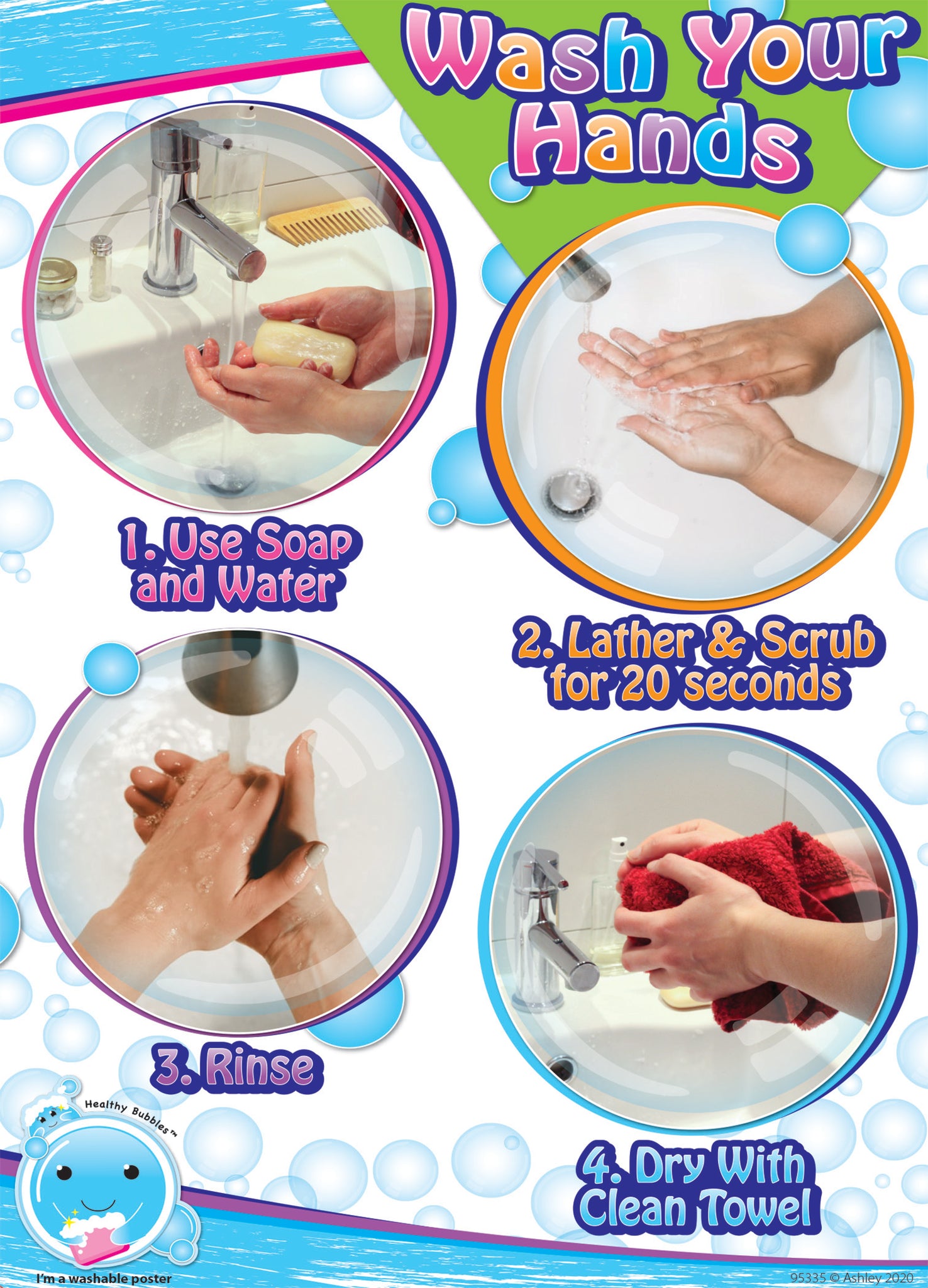 Ashley Smart Poly Dry Erase Wash Your Hands Chart, 13" x 9.5" (ASH95335)
