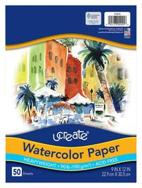 Pacon UCreate Watercolor Paper, White, 90lb, 9" x 12", 50 Sheets (P4925)