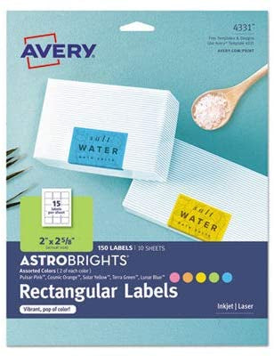 Avery Astrobrights Rectangular Easy Peel Labels 2”x2 5/8”, 150 Labels/10 Sheets (4331)