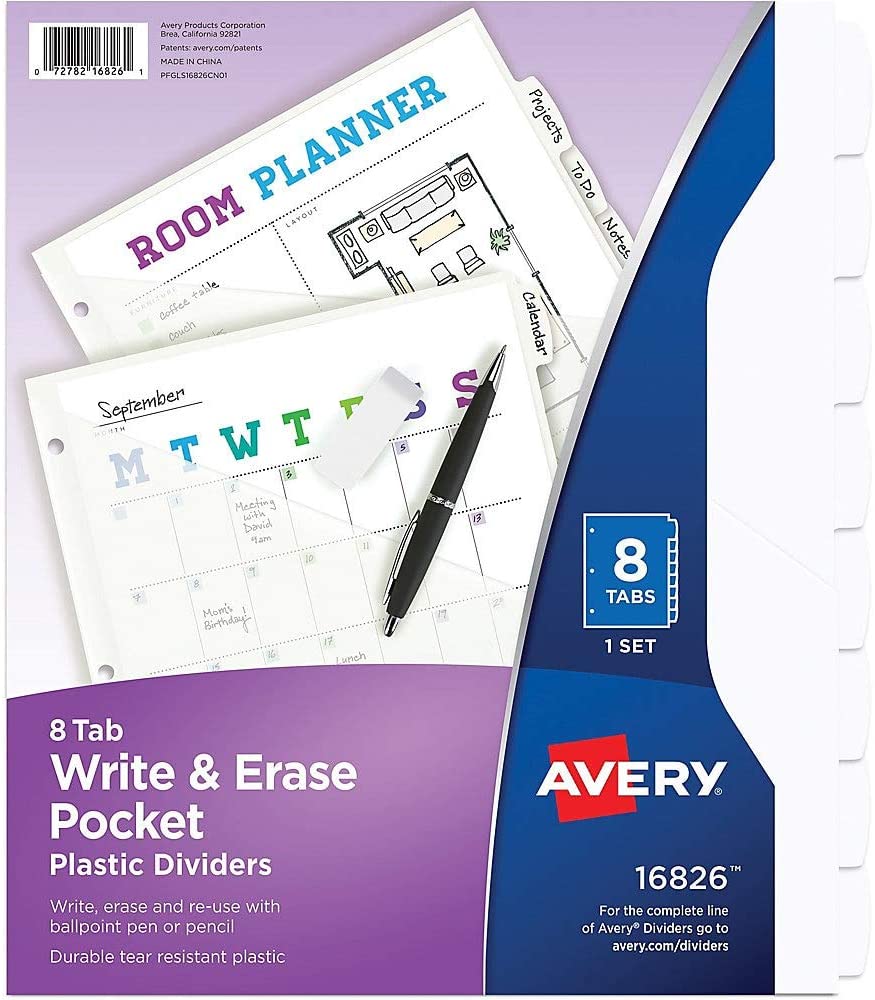 Avery Write and Erase Durable Plastic 8-Tab Dividers with Pocket (16826)