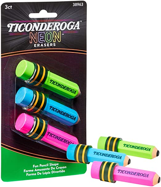 Ticonderoga Pencil Shaped Erasers, Neon Colors, 3 Count (38963)