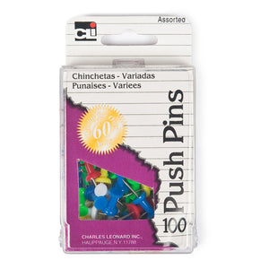Charles Leonard Push Pins, Assorted Colors, 100/BOX, 7/16" (CHL 200)