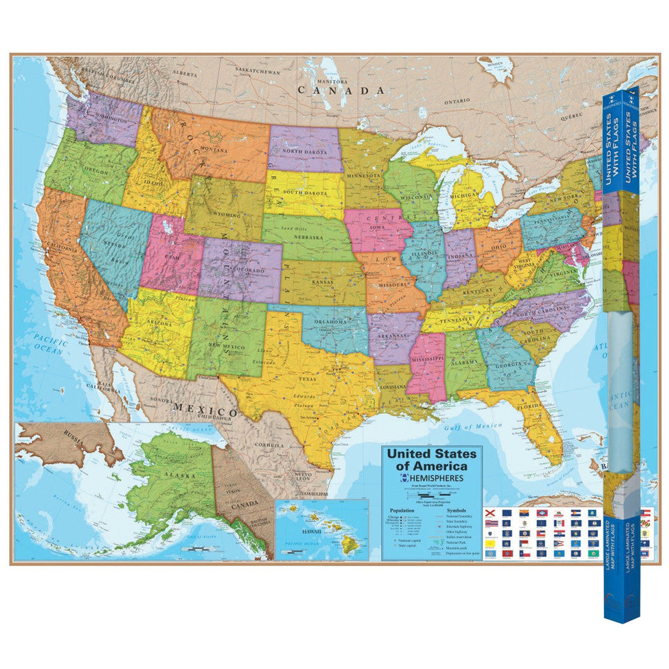 Hemispheres Large Laminated Map United States,  48" x 38"  (HM02)