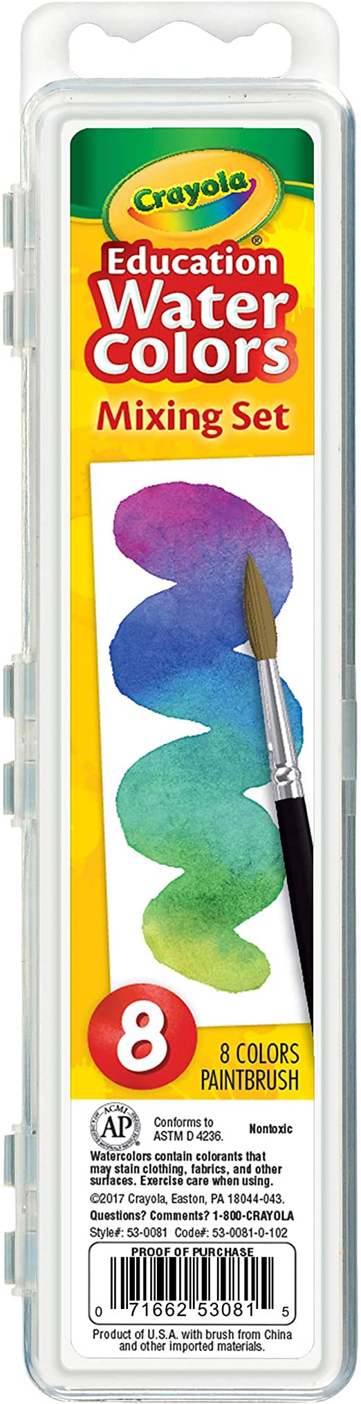 Crayola Watercolor Mixing Set with Taklon Paint Brush, 8 Paint Colors (53-0081)
