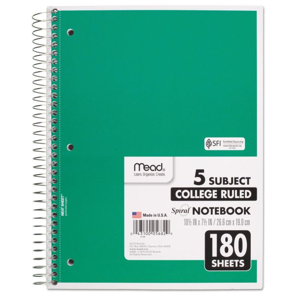 Mead Spiral Notebook 5 Subject,180 Count College-Ruled (05682)