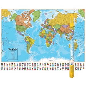Hemispheres Laminated World Map w/ Flags 51-3/4" x 38" (HM01)