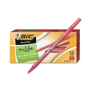 Bic Round Stic Xtra Life Ballpoint Pens, Red Ink, Med Point 12 Count (20118)