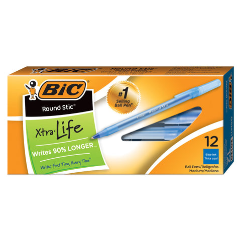 Bic Round Stic Xtra Life Ballpoint Pens, Blue Ink, Med Point 12 Count (20120)