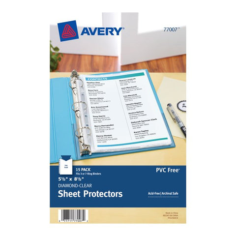 Avery Diamond Clear Heavyweight MINI Sheet Protectors, Holds 8-1/2" x 5-1/2" Sheets, 15 Plastic Protectors (77007)