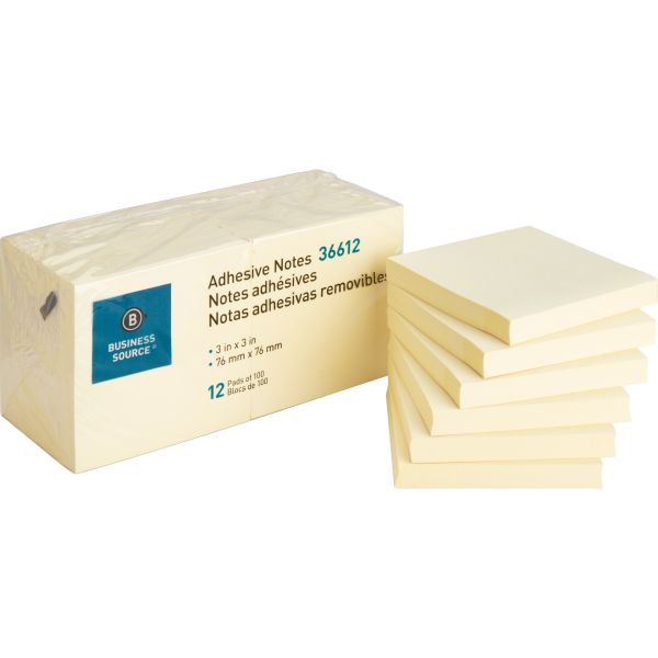 Business Source Adhesive Sticky Notes, Yellow 3" x 3" (36612)