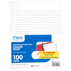 Mead® Reinforced Filler Paper: 100ct, College-Ruled (15008)