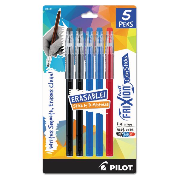 Pilot Frixion Erasable Pen Color Sticks, 5 Pens, Black, Blue, Red