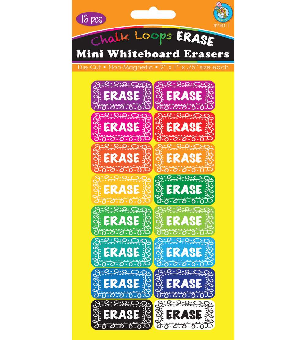 Ashley Chalk Loops Erase Mini Whiteboard Erasers, 16 Pack (ASH78011)